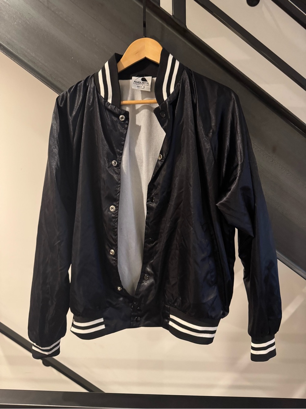 Augusta Sportswear Black Satin Varsity Jacket with White Stripes